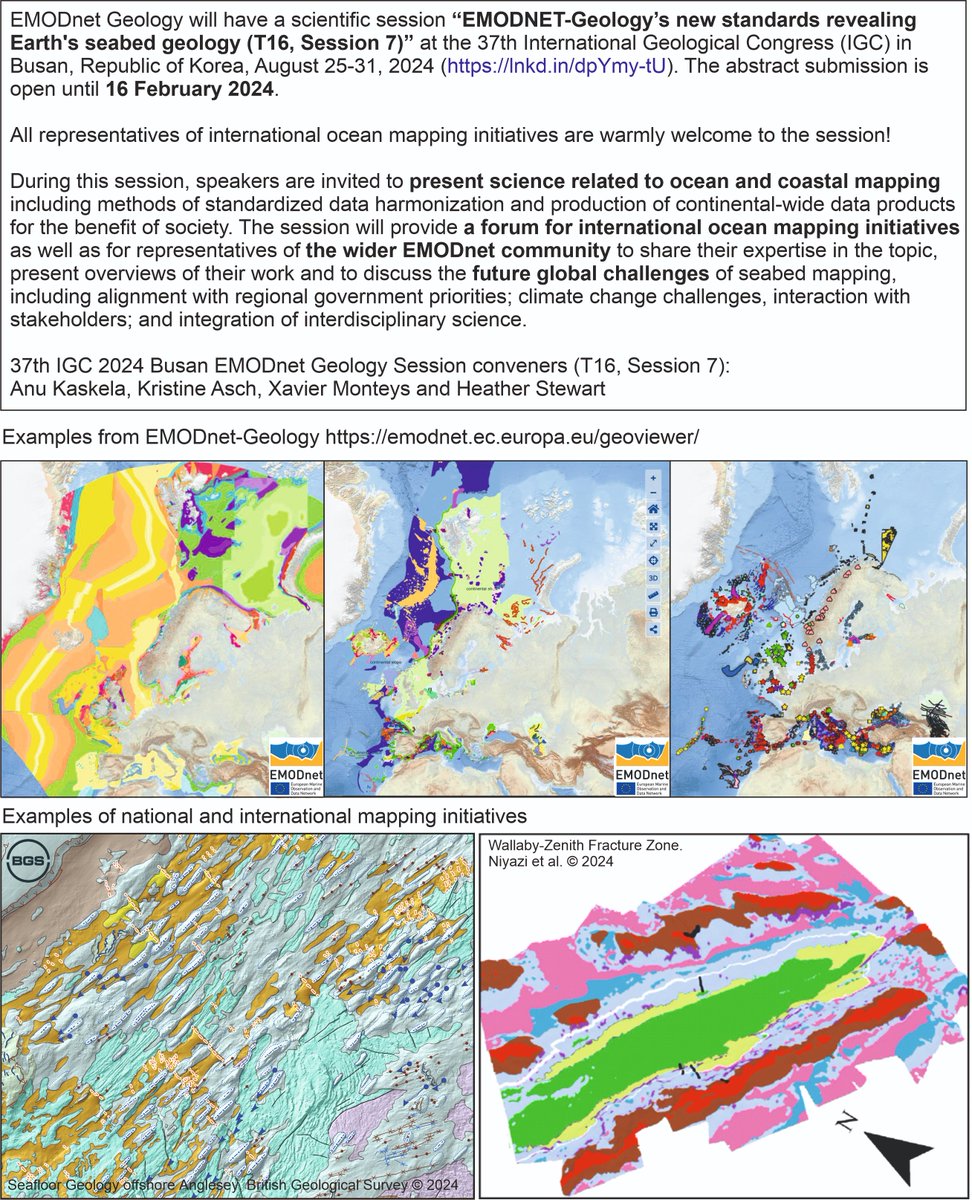 🚨Submit to our #EMODnetGeology session at #IGC August 2024 in #Korea - abstract deadline 16 Feb 2024 'EMODNET-Geology’s new standards revealing Earth's #seabedgeology' lnkd.in/dpYmy-tU Submissions from international #oceanmapping initiatives welcome!👇 #marineresearch