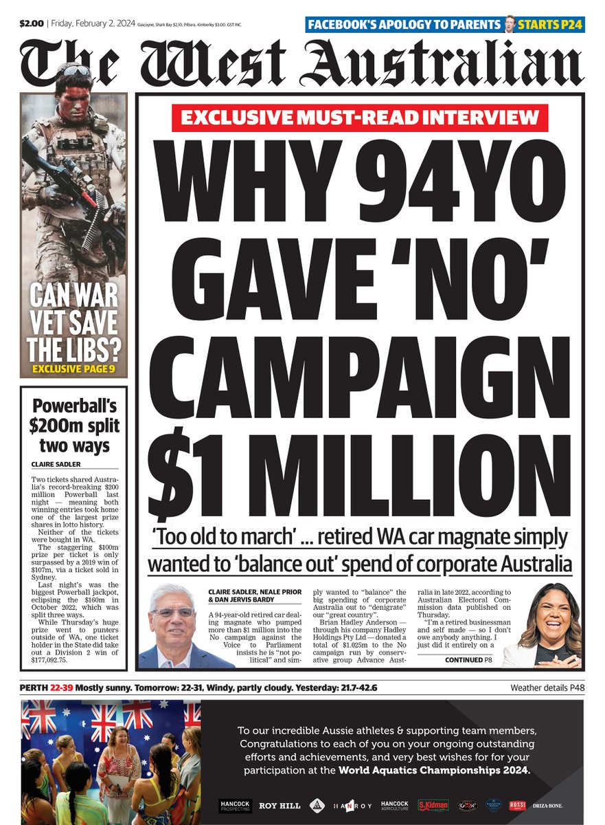 The front page of Friday's The West Australian.