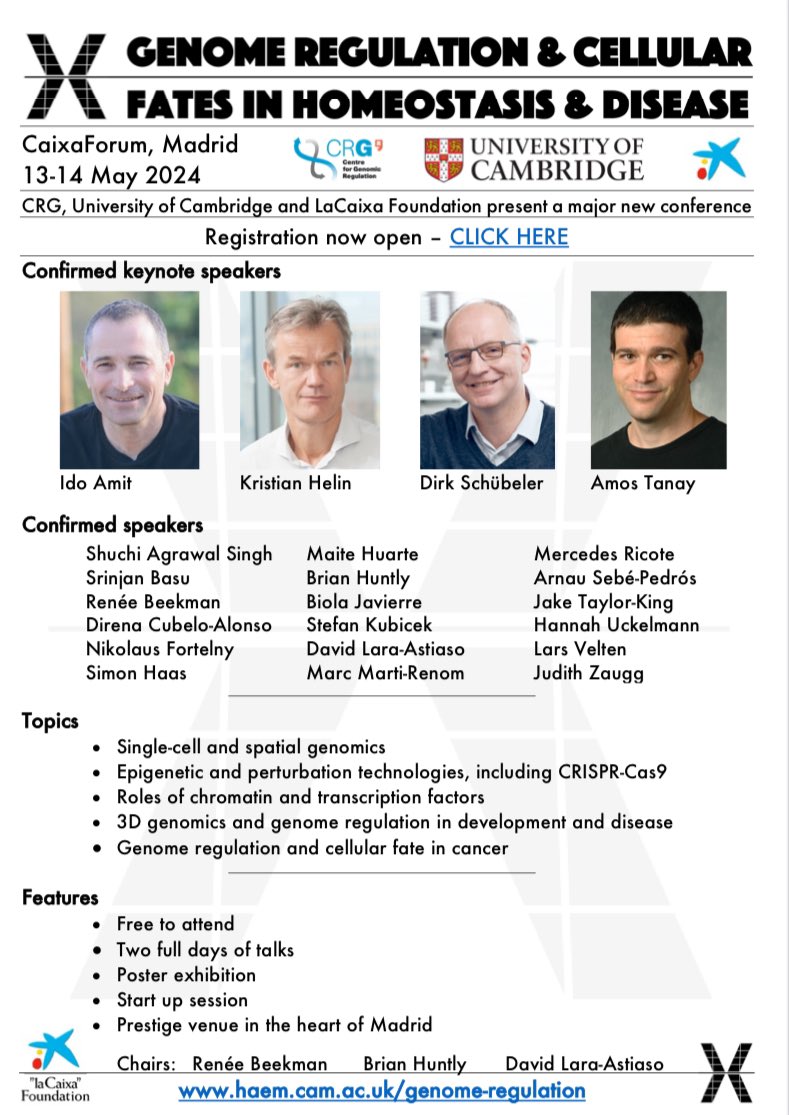 Javier Carmona 🇪🇺 (@fjcarmonas) on Twitter photo ⭐️ Checkout this upcoming conference on “Genome Regulation and Cellular Fates in Homeostasis and Disease” in Madrid, 13-14 May.
Superb line up of speakers on a wide range of topics!
Organized by <a href="/FundlaCaixa/">Fundación ”la Caixa”</a> <a href="/CRGenomica/">Centre for Genomic Regulation (CRG)</a> & <a href="/Cambridge_Uni/">Cambridge University</a> haem.cam.ac.uk/events/genome-… #Genomics #Cancer ⭐️ Checkout this upcoming conference on “Genome Regulation and Cellular Fates in Homeostasis and Disease” in Madrid, 13-14 May.
Superb line up of speakers on a wide range of topics!
Organized by <a href="/FundlaCaixa/">Fundación ”la Caixa”</a> <a href="/CRGenomica/">Centre for Genomic Regulation (CRG)</a> & <a href="/Cambridge_Uni/">Cambridge University</a> haem.cam.ac.uk/events/genome-… #Genomics #Cancer