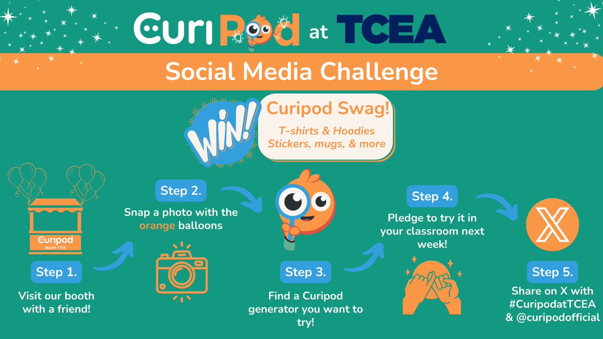 Coming to #TCEA? You could win exclusive #ThinkOrange Curipod swag! 

- Visit our Booth #1755 with a friend
- Snap a pic with our orange balloons
- Find a generator you want to try next
- Pledge to try it in your classroom
- Share the photo & generator on X

See you soon! 🧡🤩