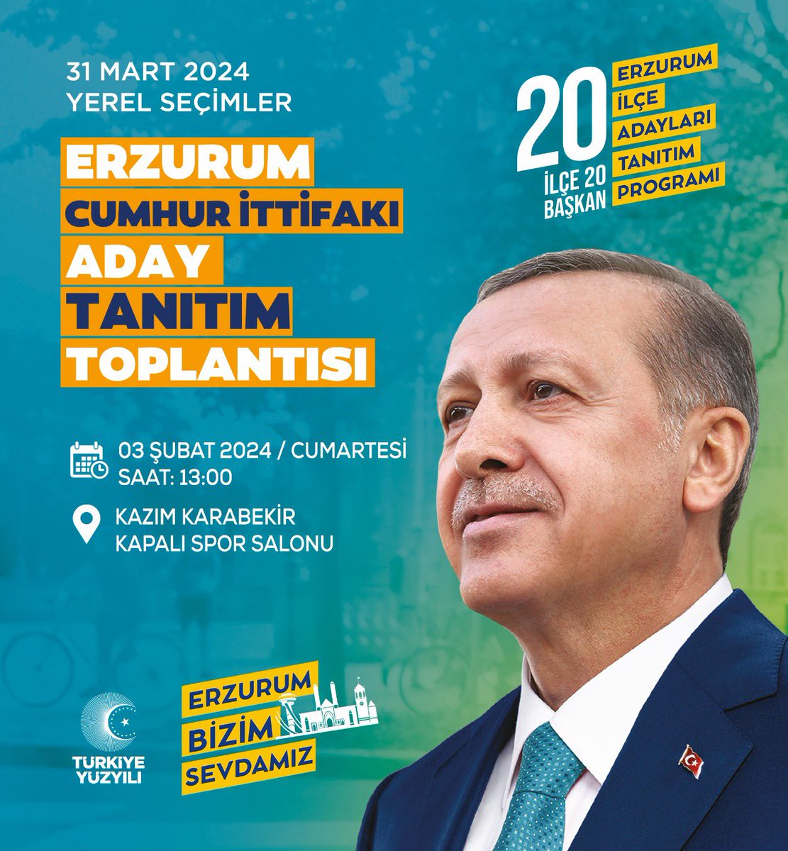 📣 Erzurum Cumhur İttifakı Aday Tanıtım Toplantısı 

🗓️03 Şubat 2024

⏰ 13.00

📍Kazım Karabekir Kapalı Spor Salonu