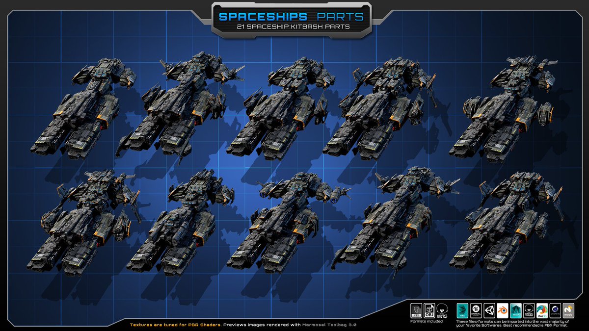 Stef_Chasseloup's tweet image. #UnityAssetStore #gamedev #indiedev #unity3d

CGPitbull 21 Spaceship parts. Do not include any ships, you can purchase these ships on the CGPitbull account, these 21 modules are compatible with all ships that share same color scheme, description here: 
assetstore.unity.com/packages/3d/ve…