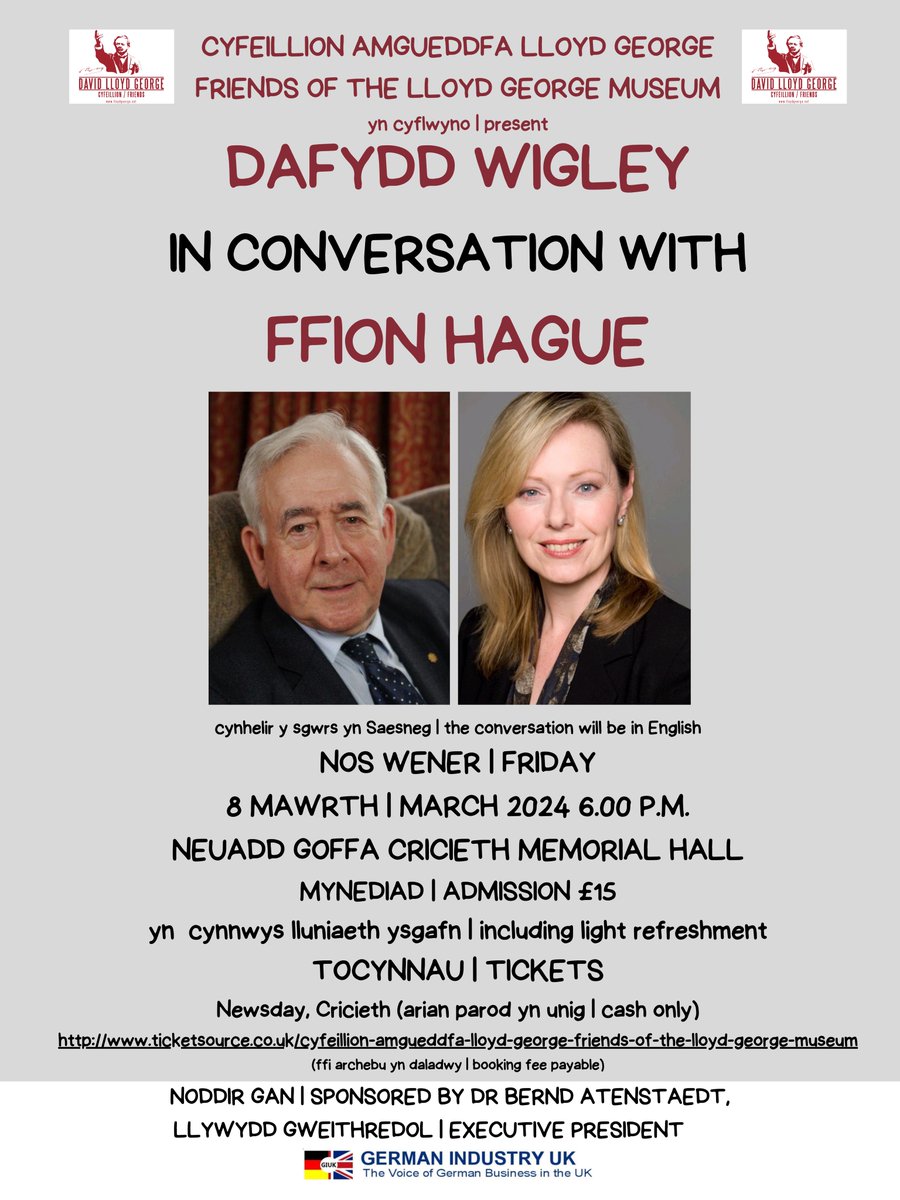 Nos Wener Mawrth 8fed yn y Neuadd Goffa/#Cricieth #Criccieth @Dafydd_Wigley & Ffion Hague Friday March 8th at the Memorial Hall #Criccieth #Gwynedd Tocynnau/ Tickets ticketsource.co.uk/cyfeillion-amg… Cynhelir y sgwrs yn Saeneg/the conversation will be in English @AmgDLlGMuseum