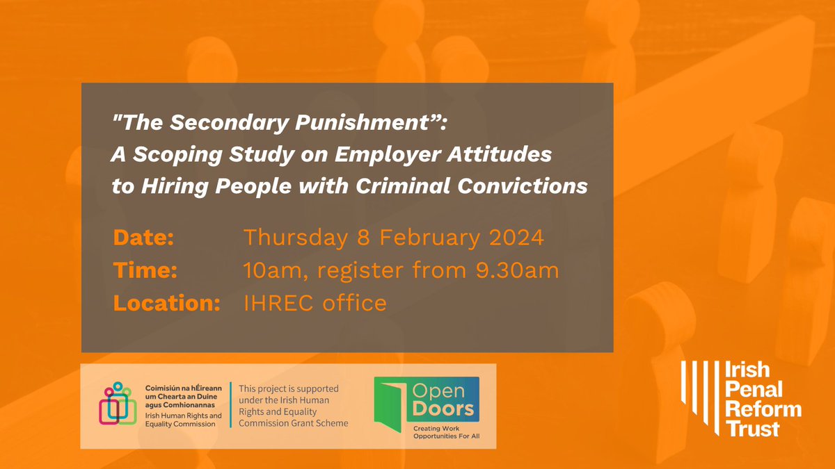 🔎 IPRT is delighted to be launching a new scoping study exploring the attitudes of employers in Ireland to hiring people with criminal convictions. The report will be launched next week, Thursday 8 Feb 2024 at 10am. ✍️ Register for the event: iprt.ie/upcoming-event…
