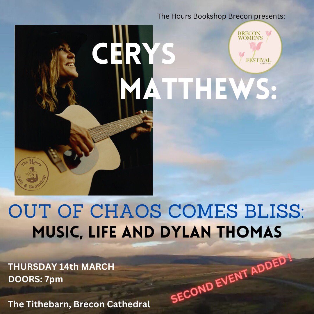 cerysmatthews's tweet photo. First event SOLD OUT already so we’re adding a second ! DOORS 7pm @TheHoursBrecon 

Thrilled to be part of the Brecon Womens Festival, 14th March

We’ll light some candles, tune the guitar and share some tall tales including chat about Dylan Thomas 

https://t.co/WPzTcYjQ8l https://t.co/l3q5cMU4fK