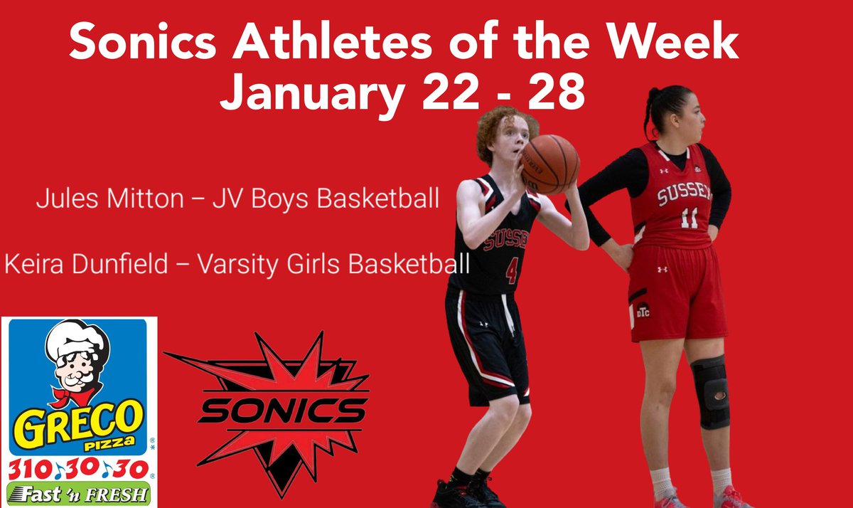 Congratulations to Jules Mitton with JV boys basketball and Keira Dunfield with Varsity girls basketball, our Sonics Athletes of the Week for Jan. 22- 28!