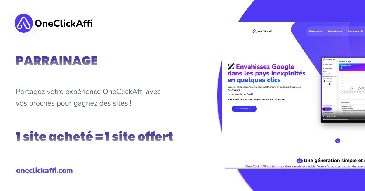 oneclickaffi's tweet photo. 📣 PARRAINAGE 📣

Partagez votre expérience OneClickAffi avec vos proches pour gagner des sites !

1 site acheté par votre filleul = 1 site offert 

C’est encore mieux que de l’affiliation 😎

Lien pour rejoindre le programme sous ce tweet 👇 https://t.co/ZpvF0UkDf2