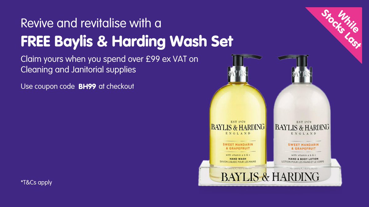 Revive &amp; Revitalise!
Spend over £99 ex VAT on Cleaning &amp; Janitorial supplies and receive a FREE Baylis &amp; Harding Wash and Lotion Set. Enjoy the subtle blend of jasmine, orange, mandarin and grapefruit for an indulgent experience.
Limited time only...visit just-office.co.uk