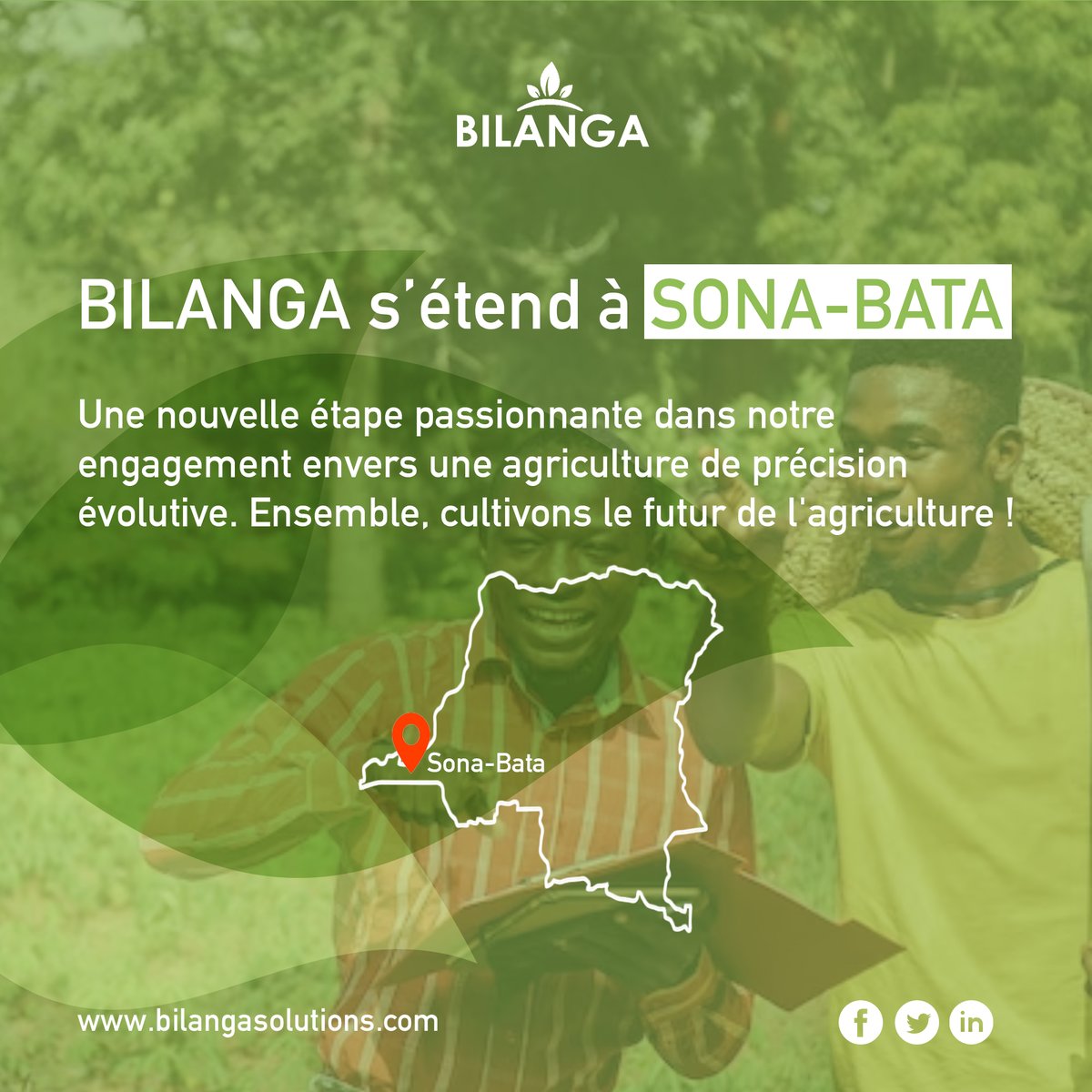 BilangaApp's tweet photo. Nous sommes ravis d'annoncer notre expansion à SONA-BATA 🇨🇩. Une étape cruciale dans notre mission continue de propulser l'#agriculture de précision vers de nouveaux sommets. 🌾🍀

Joignez-vous à nous dans cette aventure passionnante. 👉🏾https://t.co/yUz9u2Fg8X
#BilangaSolutions https://t.co/Nu001cWmqF