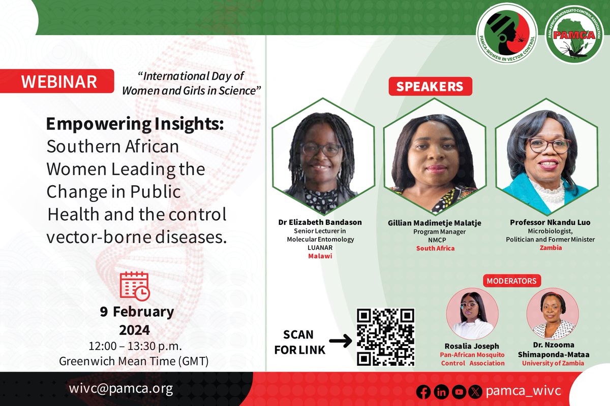 International Day of Women &amp; Girls in Science Webinar Registration on the Theme "Empowering Insights: Southern African Women Leading the Charge in Public Health and the Control of Vector-Borne Diseases (VBDs)" is now live.

📅 Date: Feb 9.

Register here: lnkd.in/dgB96v9H