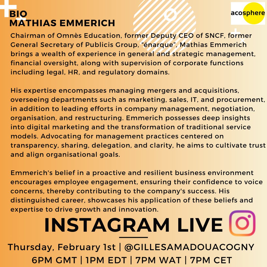 Acosphere's tweet photo. NEW INSTAGRAM LIVE ALERT!
TODAY!
Gilles Amadou Acogny will interview Mathias Emmerich, Chairman of Omnès Education.
#MyStory
To tune in follow @gillesamadouacogny on Instagram! Join us, Today, Thursday, 1 February at 6 pm GMT! https://t.co/PDtrrI8y6U