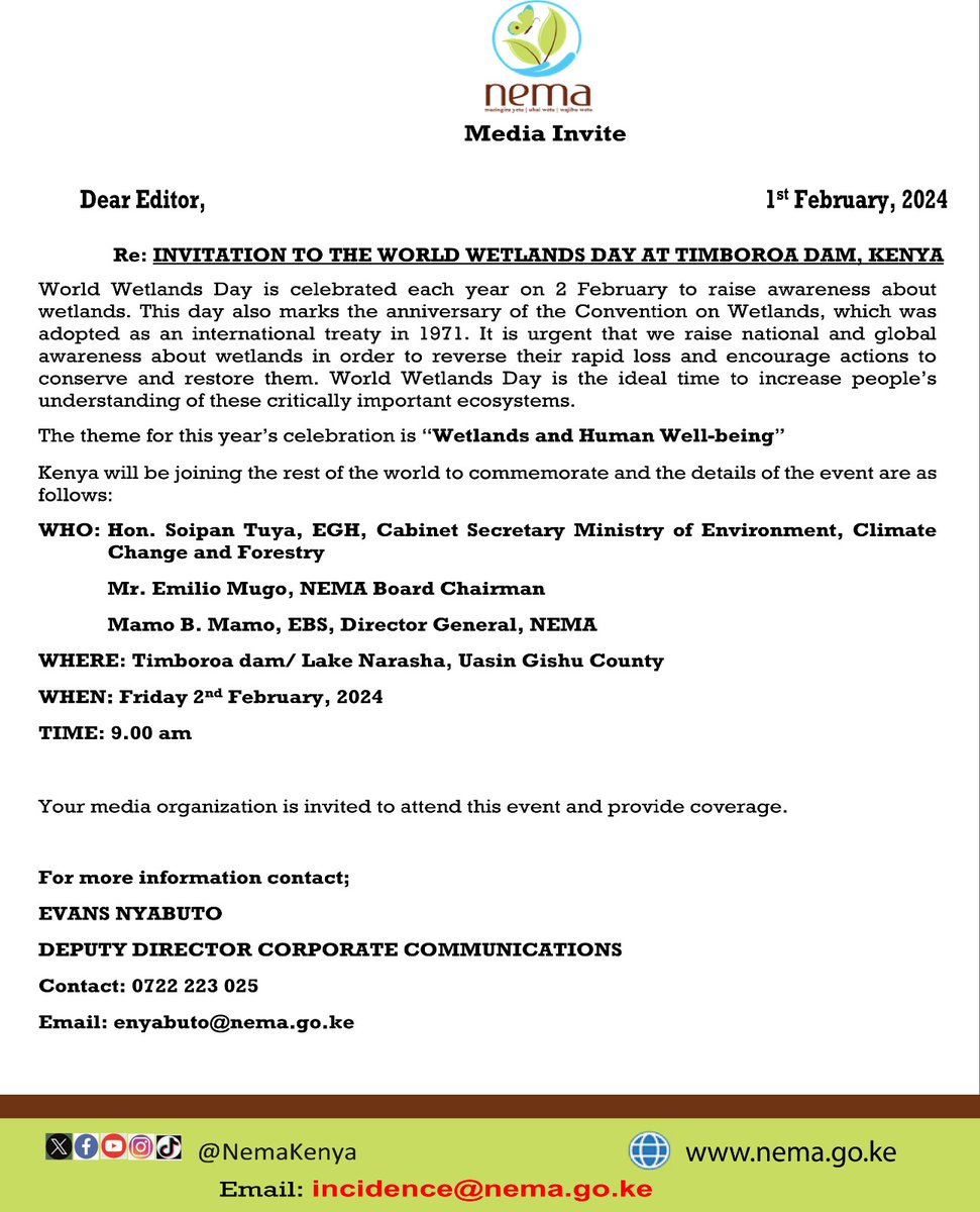 NemaKenya's tweet photo. MEDIA INVITE to the #WorldWetlandsDay2024 at Lake Narasha/Timboroa Dam, Uasin Gishu County to be officiated by @Environment_Ke CS Hon. Soipan Tuya, https://t.co/D9LfRqKjdP