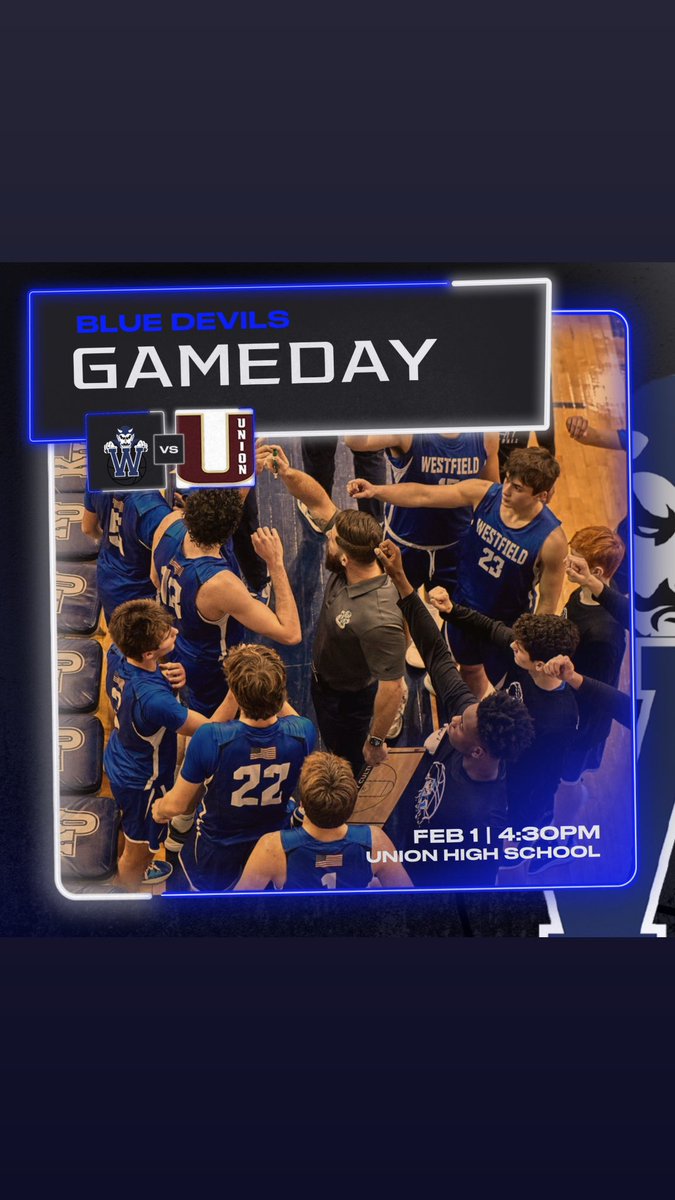 🚨Game Day🚨 🏀Westfield vs Union🏀 🗓️ 2/1 ⏰ 4:30pm 📍 Union High School 📺 @dubfieldsports @WHS_BlueDevils @WfieldBoosters @HisEyeSports