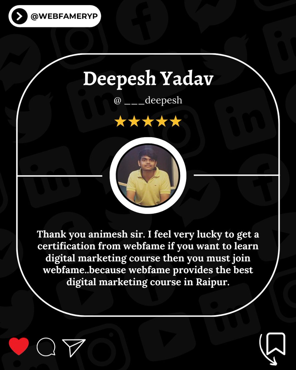 Thanks, Mr. Deepesh Yadav for Reviewing and rating us 5/5 Stars.
#review #bestinclass #5starreview
#digitalmarketingcourse #clientfeedback #reviewmatters #clientdiaries #digitalmarketingtips #5starrating #digitalmarketingacademy #feedback #jobs #onlinejobs  #webfameryp