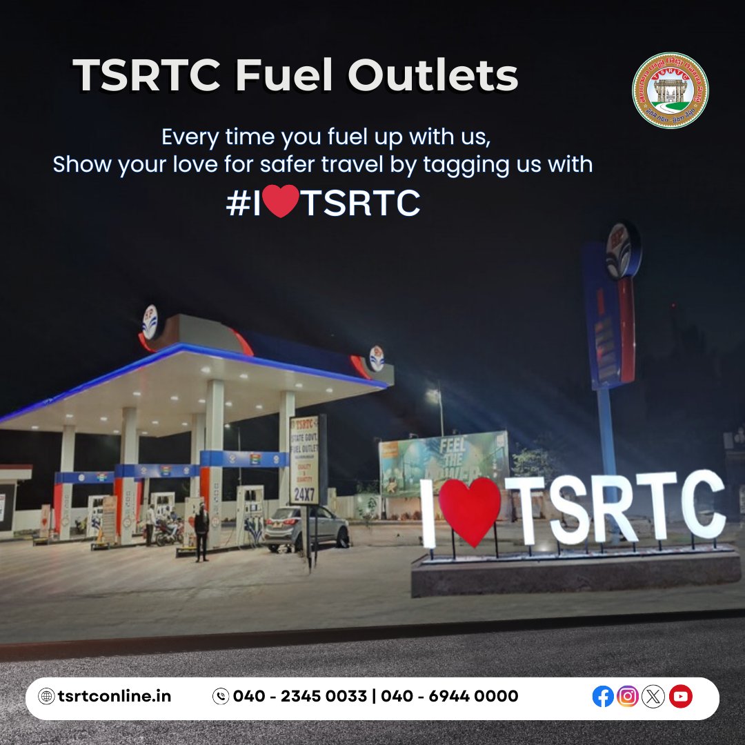 TGSRTCHQ's tweet photo. Fill up with trust Get quality fuel at TSRTC outlets.
.
.
.
.
#TSRTC #Oil #Petrol #Diesel #FuelOutlet #nvestment #telangana #fueloutlets #retailoutle #TelanganaTransport #FuelStationManagement https://t.co/9KdWRrxNo9