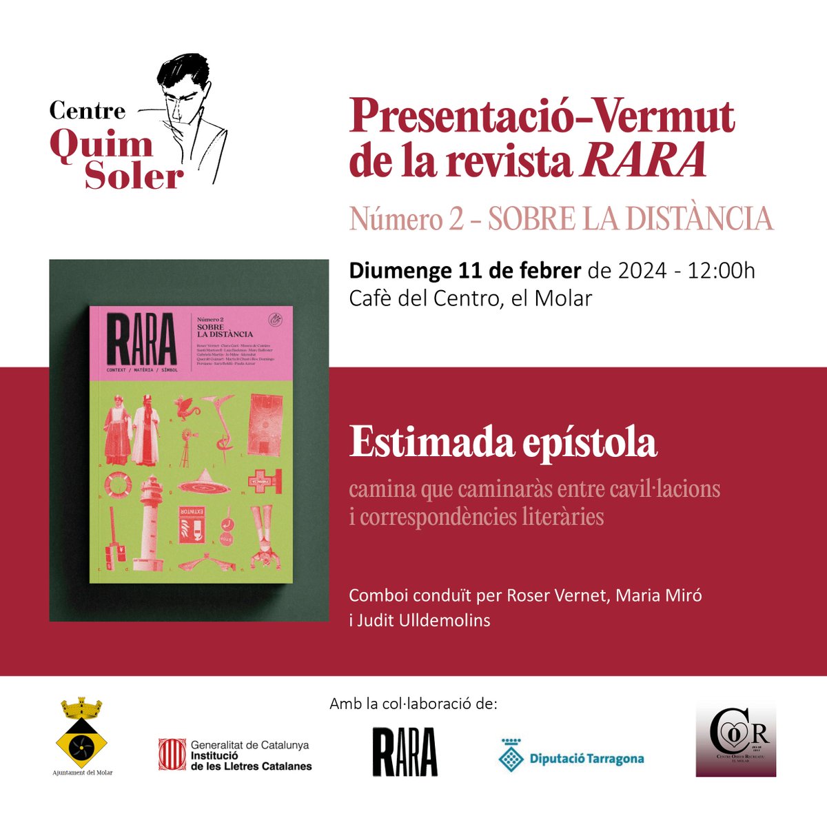 centrequimsoler's tweet photo. 📚 El pròxim diumenge 11 de febrer tenim una cita per parlar sobre el segon número de la revista Rara.

🤲🏼 Parlarem de la distància, de postals i cartes que ens l'escurçaven, dels camins que recorrem... amb un bon vermut.

🥃 No hi podeu faltar!

#literatura #RevistaRARA https://t.co/nYO9GuWjZd