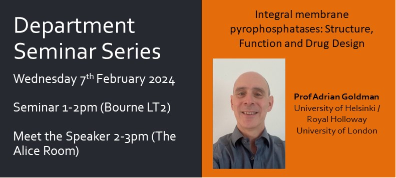 RHUL Biology (@rhulbiosci) on Twitter photo Our next departmental seminar speaker will be Prof Adrian Goldman <a href="/GoldmanLab/">Goldman Lab</a> <a href="/helsinkiuni/">University of Helsinki</a>. Come to learn about integral membrane pyrophosphatases and their use as targets for drug design and stay for the ''meet the speaker'' session to chat to Adrian about his career path Our next departmental seminar speaker will be Prof Adrian Goldman <a href="/GoldmanLab/">Goldman Lab</a> <a href="/helsinkiuni/">University of Helsinki</a>. Come to learn about integral membrane pyrophosphatases and their use as targets for drug design and stay for the ''meet the speaker'' session to chat to Adrian about his career path