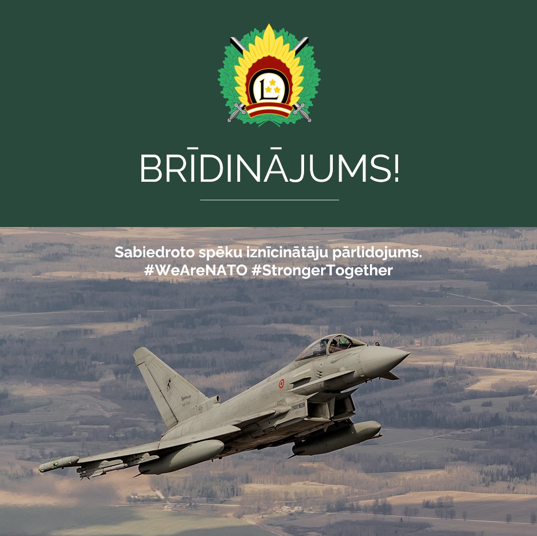 📆 No 2. līdz 4. februārim  Latgales reģionā norisināsies plānoti sabiedroto spēku iznīcinātāju treniņlidojumi.

🔶 Aicinām iedzīvotājus ar sapratni izturēties pret notiekošajiem lidojumiem!