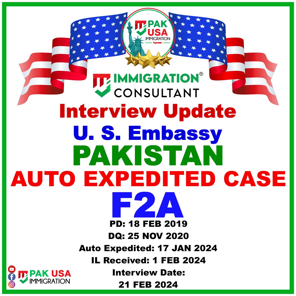 PakUSAImmigrant's tweet photo. Interview Letters update for F2A Visa Auto Expedited Case.
The case was expedited automatically.
#usimmigration #PakUSAImmigration #MJImmigrationConsultant #IR1 #PakUSImmigration #USVisa #USCIS #NVC #immigrationconsultant #US #USA #PAKUSAt75 #USEmbassy #USEmbassyIslamabad https://t.co/GgsWZzqVb9