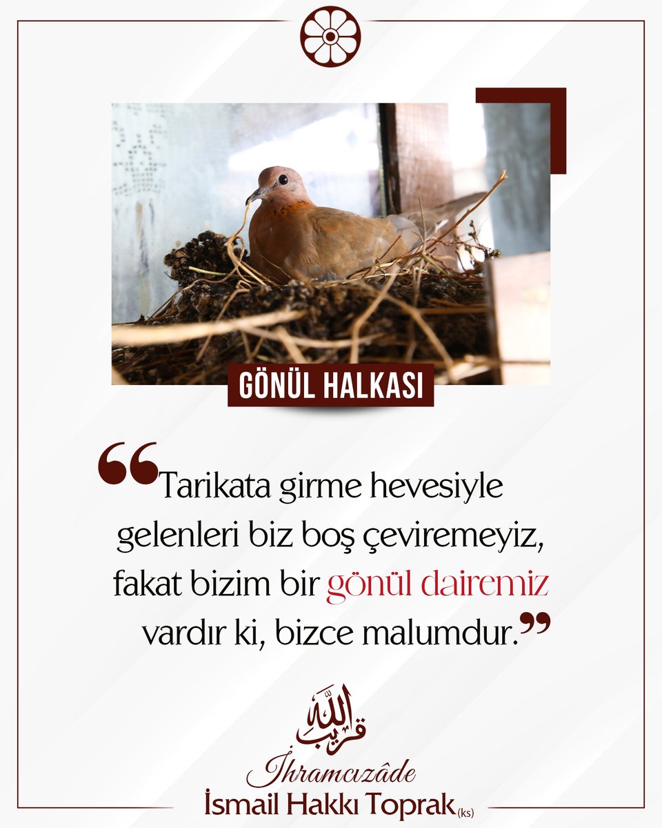 📌Tarikata girme hevesiyle gelenleri biz boş çeviremeyiz, fakat bizim bir gönül dairemiz vardır ki, bizce malumdur.

✅ İhramcızâde İsmail Hakkı Toprak (ks)

#İhramcızade #İsmailhakkıtoprak #Sivas