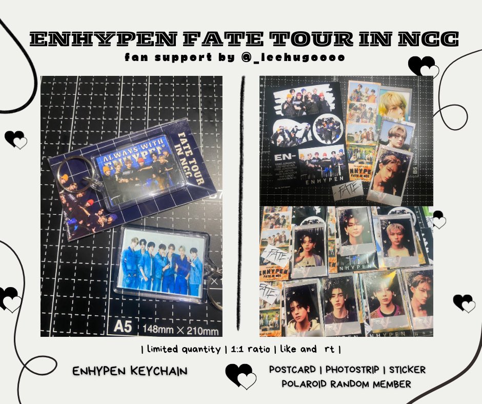 Enhypen Fate Tour in NCC
— freebies by <a href="/_lechugoooo/">ALEXA 💚</a>

• Enhypen keychain 
• Postcard, Photostrip, Polaroid &amp; Sticker

♡ strictly 1:1 ratio
♡ like &amp; rt 

#FATE_IN_NEWCLARKCITY