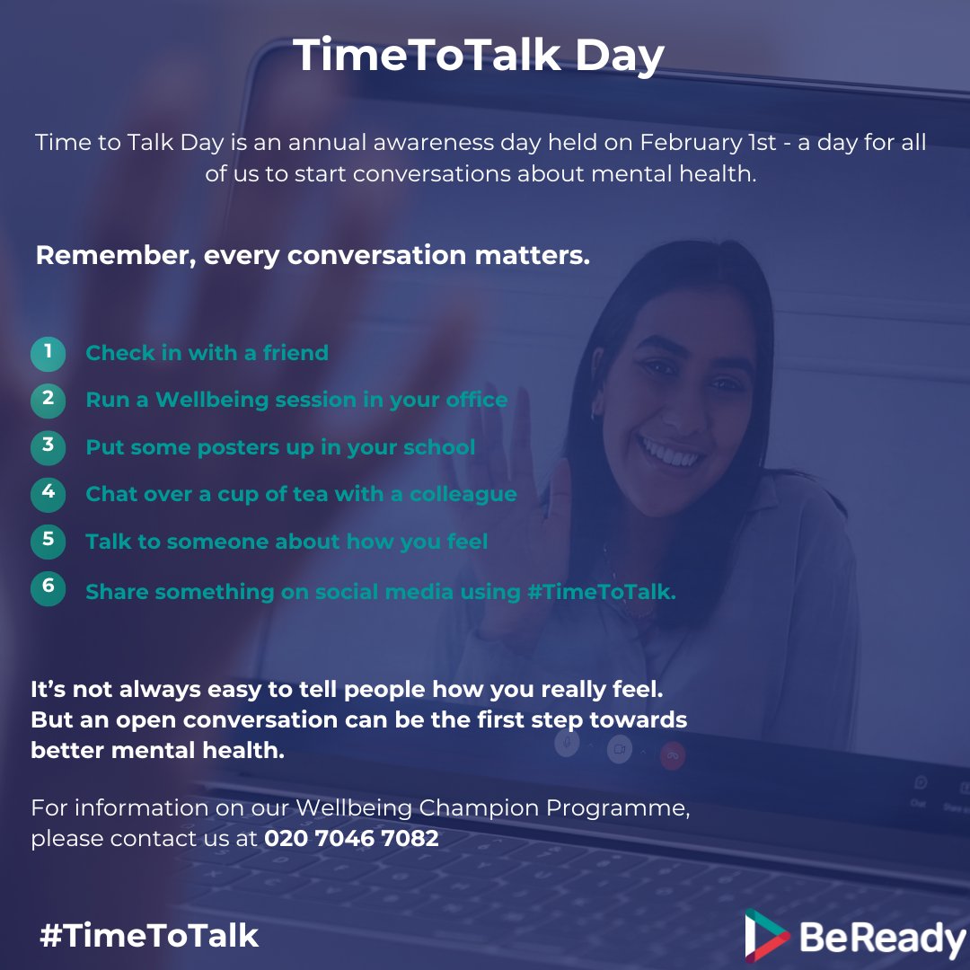BeReadySkills's tweet image. Today serves as a reminder to open up about mental health.

Take a moment to ask how others are feeling and share your own experiences.
Wellbeing often goes unnoticed, but it's time for change.💙

020 7046 7082

#TimeToTalk #Wellbeing  #wellbeingprogramme
