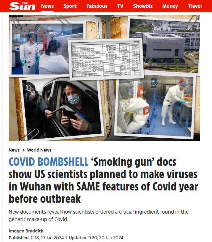 robinmonotti's tweet photo. COVID BOMBSHELL ‘Smoking gun’ docs show US scientists planned to make viruses in Wuhan with SAME features of Covid year before outbreak
New documents reveal how scientists ordered a crucial ingredient found in the genetic make-up of Covid
US scientists planned to engineer viruses with the same unique features of Covid, bombshell documents have revealed.
"The new tranche of emails, memos and funding applications have been dubbed the "smoking gun" in the ongoing probe into the origins of Covid.
New documents - obtained by US Right to Know - show how the genome of Covid matches the viruses described in a research proposal from US scientists.
The 2018 proposal - called DEFUSE - reveal how US scientists applied for funding to engineer coronaviruses in China - just a year before the pandemic.
It was led by EcoHealth Alliance - the US-based firm that has come under fire for its taxpayer-funded coronavirus experiments in China.

New documents now reveal how US scientists planned to engineer a virus that has a striking similarity to the genetic make-up of Covid.

US scientists proposed stitching SARS-related genomes in six pieces to create a new synthetic virus.

And one of the unique features of Covid is the fact that it's divided into six pieces.

Scientists said the likelihood of six evenly spaced segments appearing in a naturally-occurring virus is highly improbable.

Another unique feature of Covid is that the six chunks are separated by enzymes called Bsal and BsmBI.

And orders for one of the enzymes, BsmBI, can be found in the newly released documents from the research proposal.

Biosafety expert Professor Richard Ebright said: "An order line for BsmBI in a draft of EcoHealth's 2018 proposal is the equivalent of a smoking gun.

"There is no - zero - remaining room for reasonable doubt that EcoHealth and its associates caused the pandemic."

Imogen Braddick 
Link below: