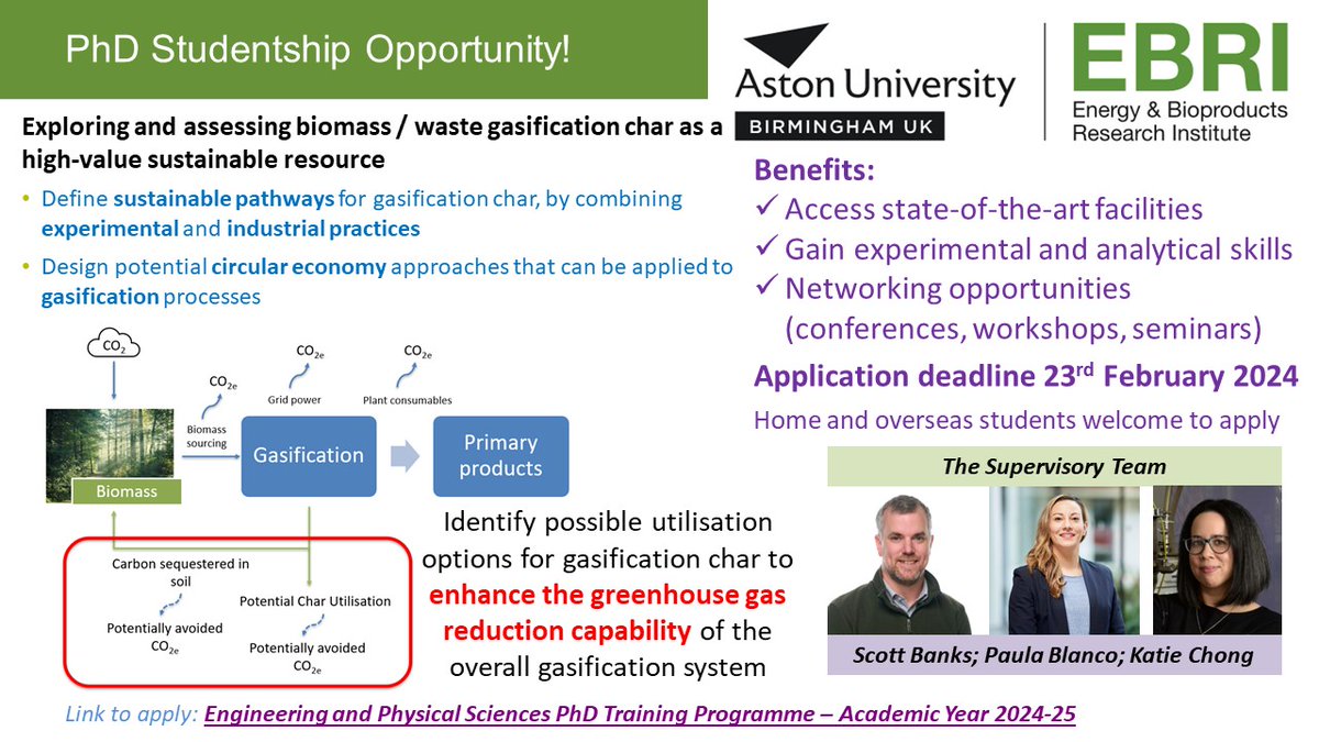 #phd projects available! If you are interested in gasification #biochar and its utilisation, including sustainable pathways! Fully funded PhD position! Email if you are interested (s.banks@aston.ac.uk). Deadline- 23rd February 2024.
lnkd.in/gU5RyCGW
lnkd.in/gq98jidy