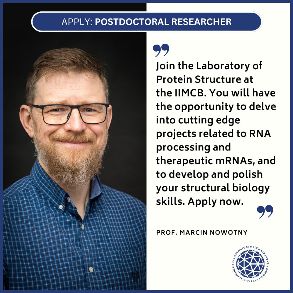 Opportunity for a Postdoctoral Researcher at the Laboratory of Protein Structure at IIMCB led by prof. Marcin Nowotny. 🧬🔬 Apply now: tinyurl.com/yd2zdej2 #Postdoc #ResearchOpportunity #ScienceCareers #IIMCB #OpenPosition #Molecularbiology