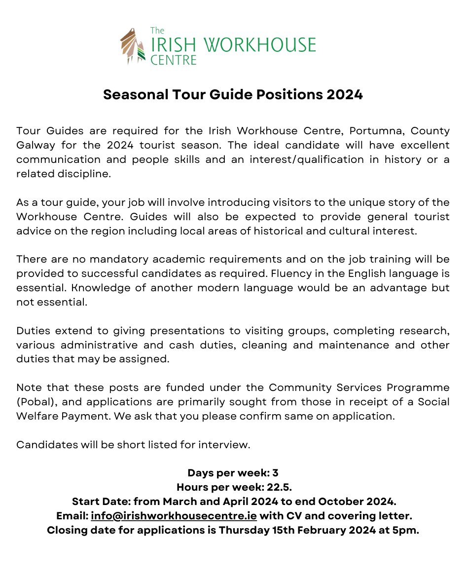 🚨 Exciting opportunities at the Irish Workhouse Centre 🚨 Join our vibrant team - we're recruiting Tour Guides for the 2024 season! For more information about the role, and how to apply check out below! 👇🏼🌟 #tourismIreland #jobfairy
