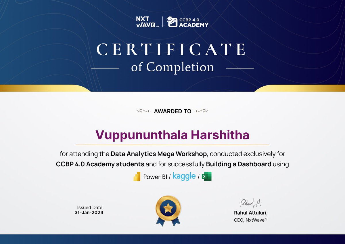 425Chary's tweet photo. Hello Connections ๐๐ป
I'm Glad to receive Certificates for attending the Data Analytics Mega Workshop and Build a Dashboard using
โจ Power BI
โจKaggle
โจMS Excel
Thank you @avinashdara sir , @rahulattuluri sir #nxtwaveteam for this amazing #dataanalytics Mega Workshop. https://t.co/ttIH1RUxSI