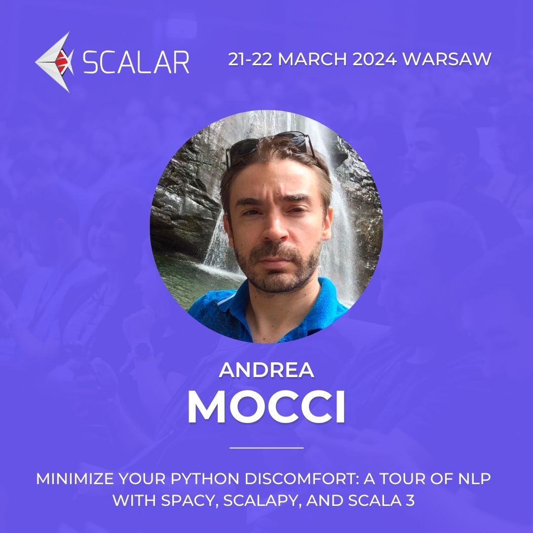 scalarconf's tweet photo. Welcome @andreamocci  as the next #Scalarconf speaker! 🚀

Minimize your Python Discomfort: A tour of NLP with Spacy, ScalaPy, and Scala 3

Grab your ticket 
🛒https://t.co/ixr9irsd1H https://t.co/eyg6k5VJKl