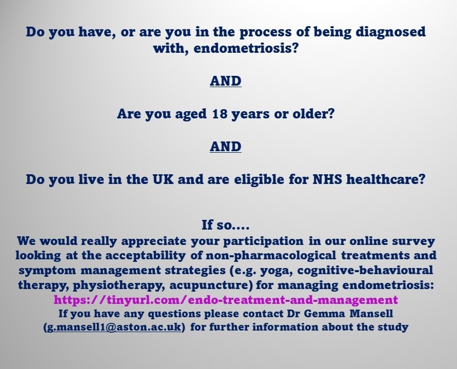 Another plug for this study! If you know anyone who might be interested pls share the link tinyurl.com/endo-treatment… @EndometriosisUK @trainee_network @WellbeingofWmen #endometriosis