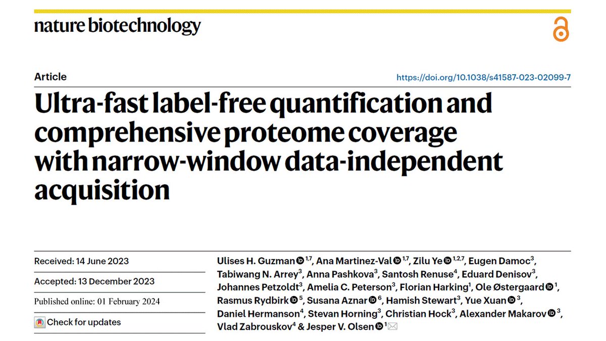 Excited to share that our manuscript exploring the analytical merits of the Orbitrap Astral mass spectrometer is out in Nature Biotechnology. Using nDIA, we profile >100 full yeast proteomes per day, or 48 human proteomes per day of ~10,000 proteins. rdcu.be/dxwEi