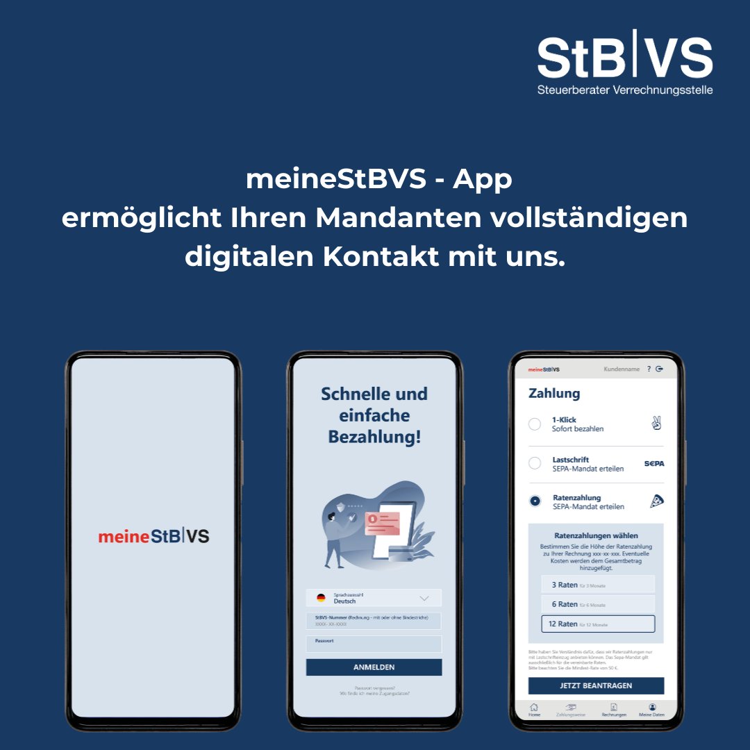 StBVS's tweet photo. 📱 Entdecken Sie #meineStBVS – die übersichtliche und informative Mandanten-App, die den kompletten digitalen Kontakt mit der StBVS ermöglicht.
Jetzt mehr erfahren: https://t.co/hdoJABR5Zr
#StBVS #Mandantenportal #Digitalisierung #Steuerberatung https://t.co/rmAAbWMRW1