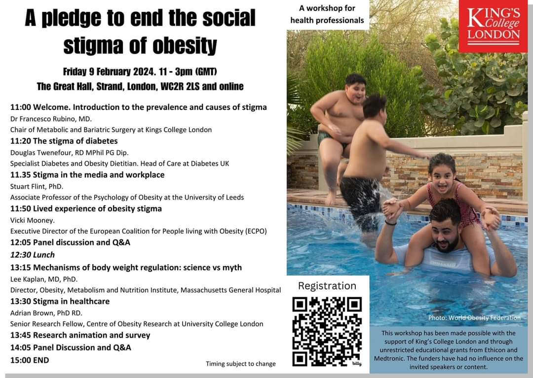 Join the School of Cardiovascular and Metabolic Medicine and Sciences, King's College London, for a workshop on the Stigma of Obesity! 🩺🤝

🗓️ Date: 9th February 2024

This workshop is designed for HCP's, but patient advocates are welcome.

Register here: ow.ly/vEwT50Qp6zQ