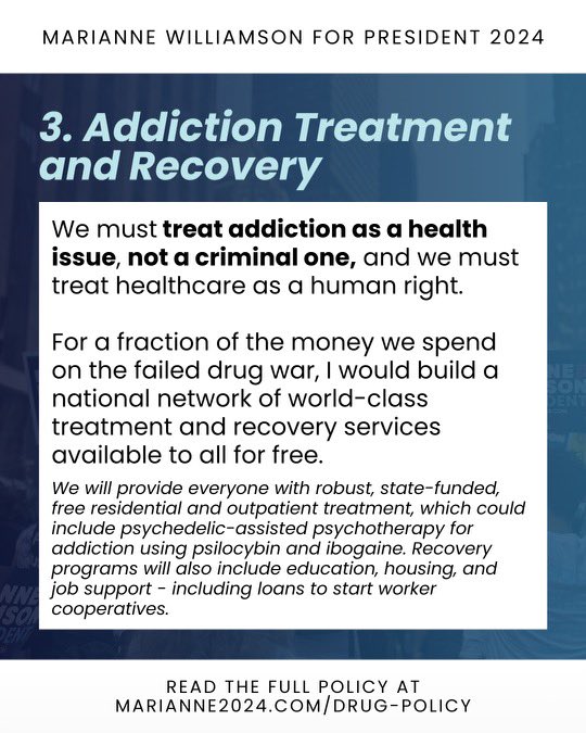 .@marwilliamson : 'If we are actually interested in solving drug problems, we must recognize that drug addiction is a symptom of the wider malaise in our society & punishing people for it does nothing to address its root causes.' #EndTheWarOnDrugs #Marianne2024 #ShesWithUs