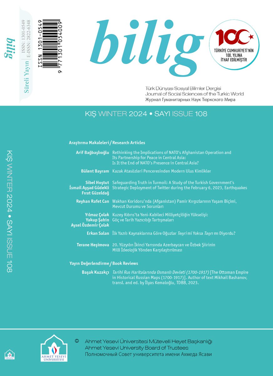 Türkiye Cumhuriyeti’nin 100. yılına ithaf ettiğimiz yeni sayımızı sizlere sunmaktan mutluluk duymaktayız. Bu sayıda yedi araştırma makalesi ve bir kitap eleştirisi bulunmaktadır. Bu çalışmaların ilginizi çekeceğine ve size ilham vereceğine inanıyoruz. bilig.yesevi.edu.tr