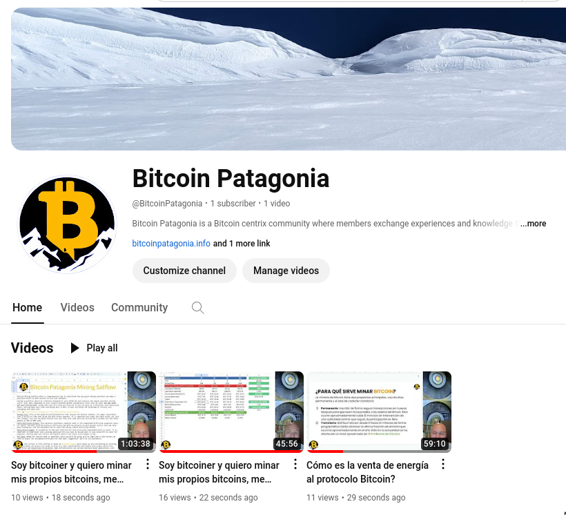 BTCPatagonia's tweet photo. Estrenamos canal BTC Patagonia en el tube con tres videos:

Cómo es la venta de energía al protocolo Bitcoin?
https://t.co/nuvEUyET4w
Soy bitcoiner y quiero minar mis propios bitcoins, me conviene? 
Parte 1: https://t.co/jCp4yMiVly
Parte 2: https://t.co/XPnerBHC7V https://t.co/fklcPoi4lB