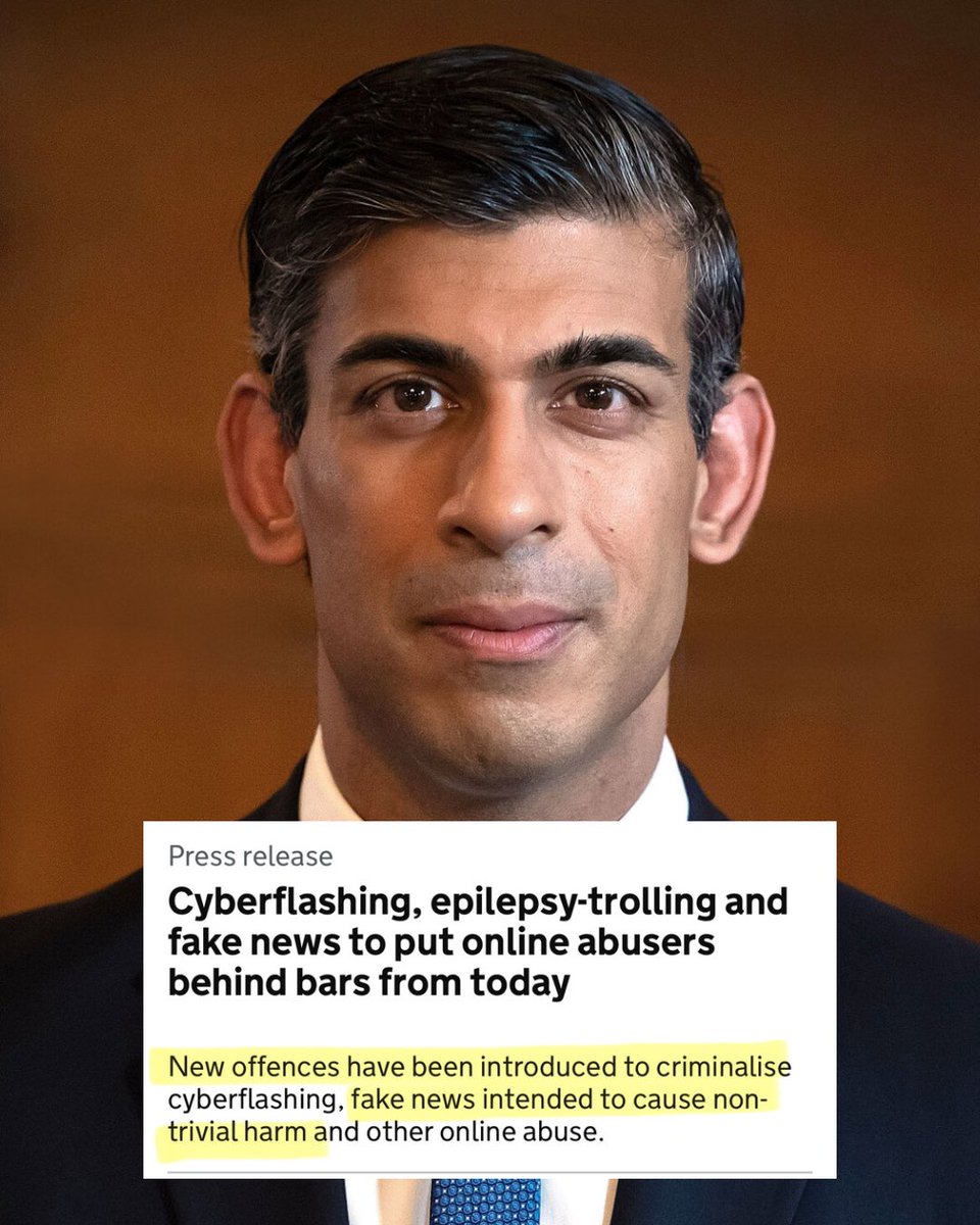 Here's the interesting part about Rishi's tyrannical new online bill... Yesterday, his government announced that offences under new online laws have kicked in so 'criminals can face up to five years behind bars for their demeaning and dangerous actions.” Part of this new law…