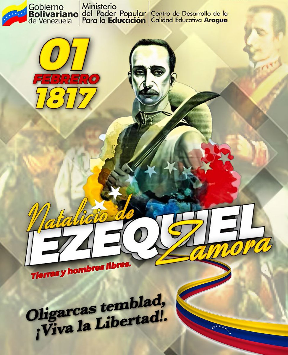 Conmemoramos 207 años del natalicio del general Ezequiel Zamora,hombre que rescató el proyecto libertario bolivariano que fue traicionado por la oligarquía. ¡Honor y Gloria!

¡Tierras y Hombres Libres! 
#FebreroAntiimperialista 
<a href="/NicolasMaduro/">Nicolás Maduro</a> 
<a href="/_LaAvanzadora/">Yelitze Santaella</a> 
@MPPEDUCACION