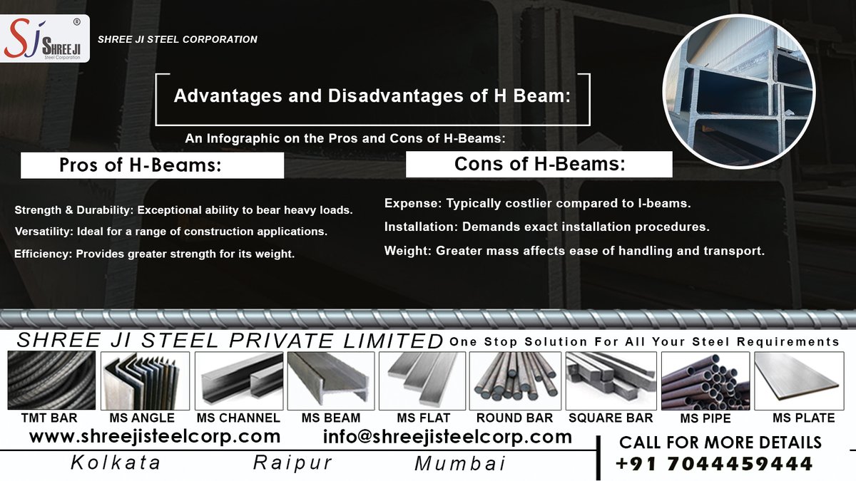 shreejisteel1's tweet image. This infographics shows us the advantages and disadvantages of H-beams.#strengthanddurability #efficientdesign #versatility #resistancetobending #hbeams