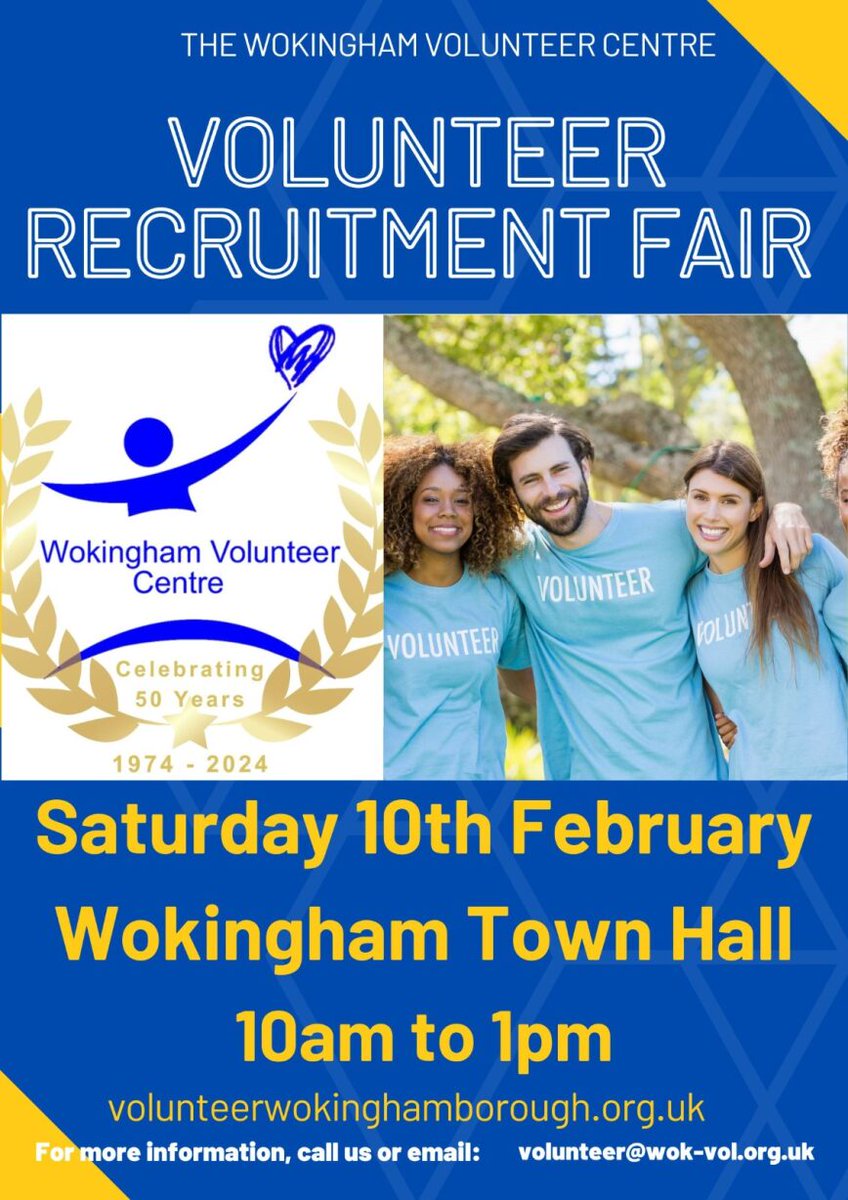 Not long now until our Volunteer Fair on Sat 10 Feb 10am-1pm at Wokingham Town Hall. <a href="/WokinghamLVS/">Link Visiting Scheme</a> <a href="/ABCtoread/">ABC to read (Assisting Berkshire Children)</a> <a href="/CitAWokingham/">Citizens Advice Wokingham</a> @Me2club <a href="/Firstdays_/">First Days Children’s Charity</a> <a href="/BLSAR/">Berkshire Search & Rescue</a> <a href="/berkshirevision/">Berkshire Vision</a> <a href="/HomeStartWD/">Home-Start Wokingham District</a> and many more.  Come and discover what volunteering can do for you! 
#wokingham #volunteer