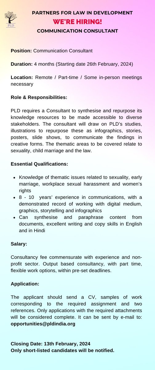 Join PLD as a Communication Consultant for a 4-month project, starting Feb 26, 2024. Work remotely with part-time flexibility. Apply by Feb 13 with CV, statement, and samples to opportunities@pldindia.org. #communications #graphics #storytelling #jobopening #PLDIndia 🌈📊👩‍💼