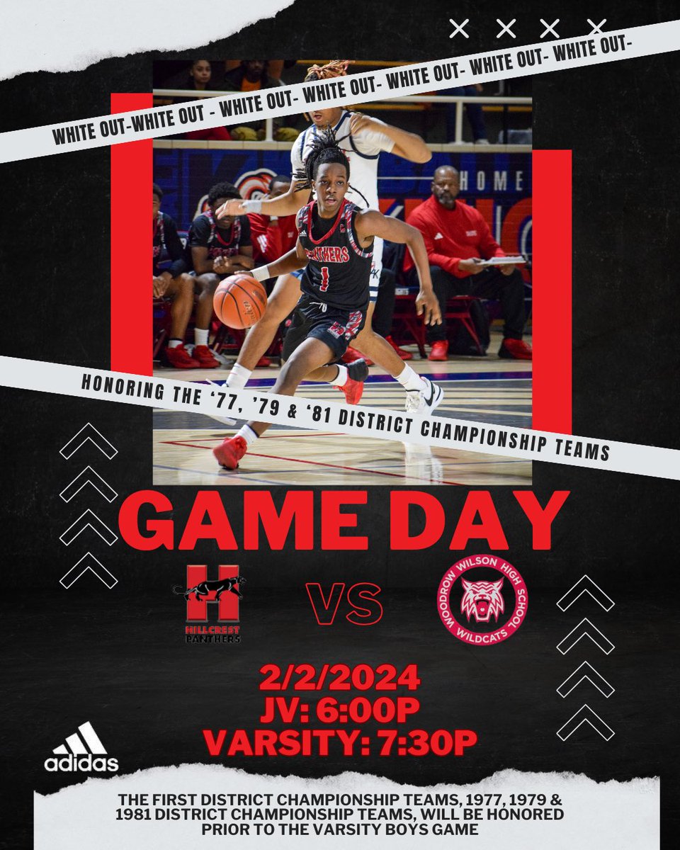 Tomorrow Tomorrow Tomorrow🚨

#HillcrestHustle will be back in action versus Woodrow Wilson. Games start at 6:00P with JV followed by Varsity at 7:30. Prior to the varsity game we will be honoring Coach Larry Jones and his district championship teams. 

It’s a White Out
