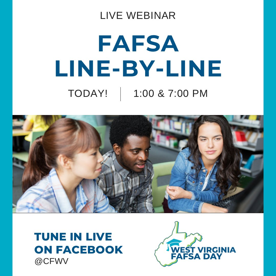 It’s West Virginia FAFSA Day! 📝🎓

Today, we are hosting two live Facebook events. We will go through the #FAFSA line-by-line and answer any questions you may have in the video chat. 

💻 Tune in at 1:00 and 7:00 pm!