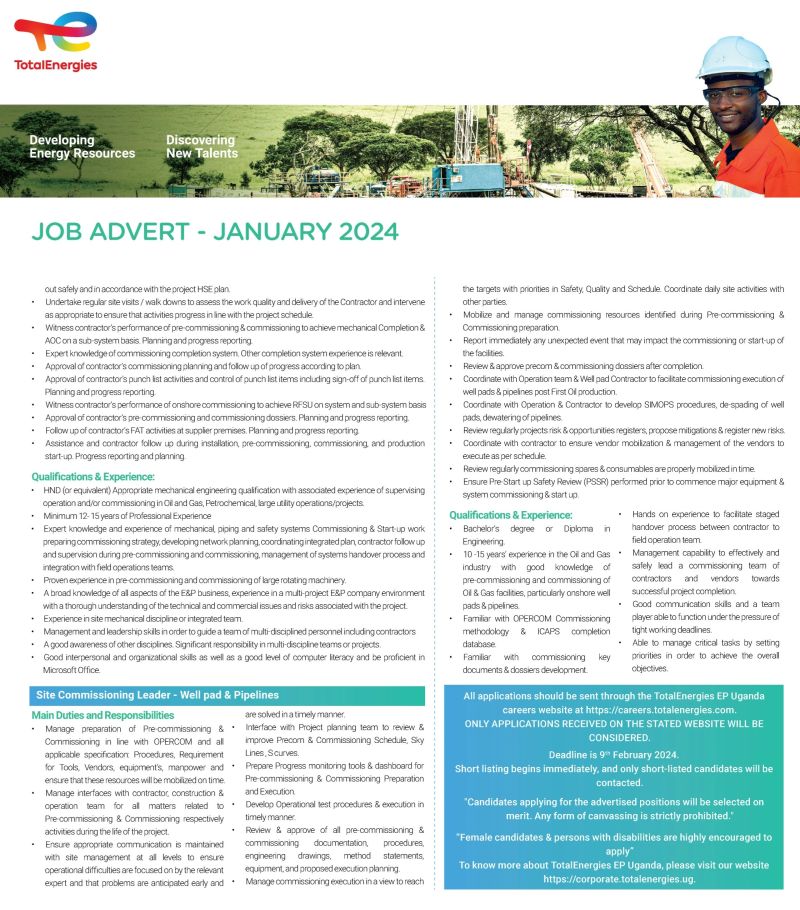 JobclinicUg's tweet image. SEVERAL JOB OPPORTUNITIES 📢

@TotalEnergiesUG has got career opportunities  in #FieldOperations #Engineering #Logistics 
&amp;amp; for recent graduates 👩🏽‍🎓, an opportunity as a #Commercial Trainee. 
LINK: careers.totalenergies.com/en

#Jobclinicug #jobsinuganda #ApplyNow #MUBS #jobs #careers