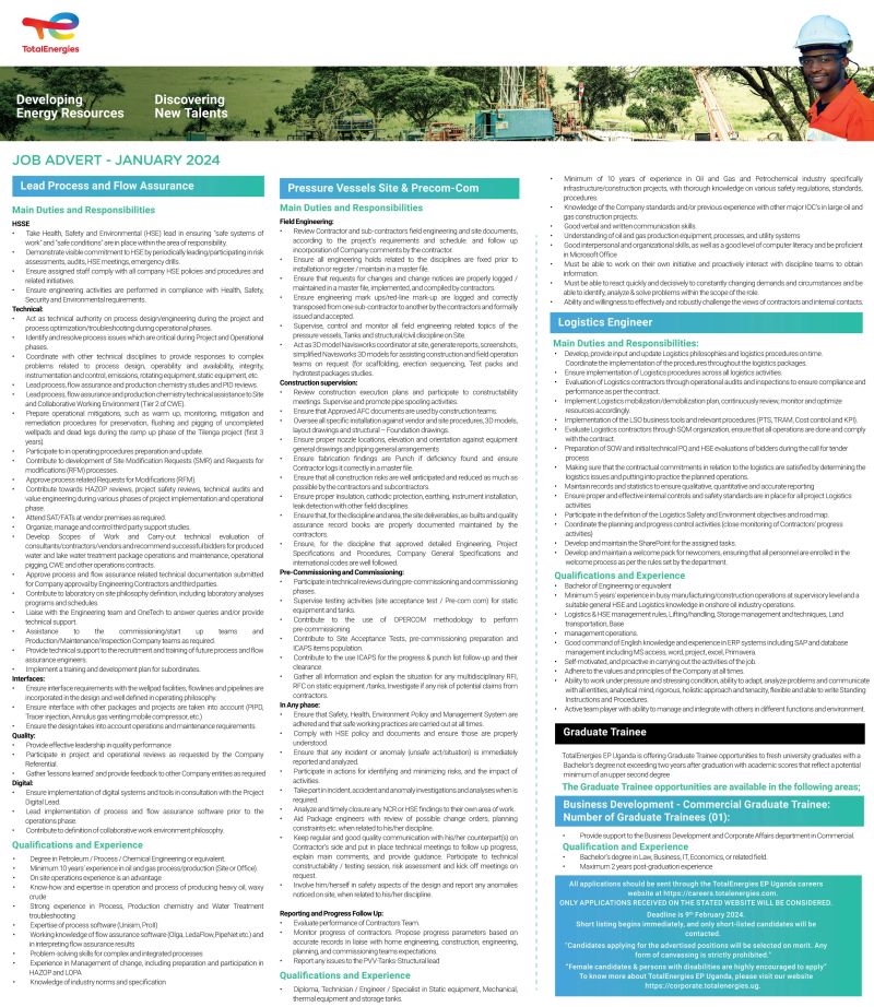 JobclinicUg's tweet image. SEVERAL JOB OPPORTUNITIES 📢

@TotalEnergiesUG has got career opportunities  in #FieldOperations #Engineering #Logistics 
&amp;amp; for recent graduates 👩🏽‍🎓, an opportunity as a #Commercial Trainee. 
LINK: careers.totalenergies.com/en

#Jobclinicug #jobsinuganda #ApplyNow #MUBS #jobs #careers