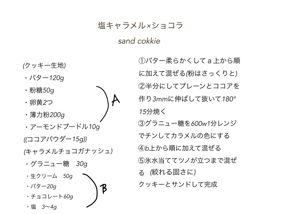 megucafe02's tweet photo. 塩キャラメル×ビターチョコレート
ガナッシュサンドクッキーrecipe🍪
袋入れて冷凍で1ヶ月サクサク感保つので
今すぐ作れるのオススメ！！ https://t.co/mAcMPWg4UZ
