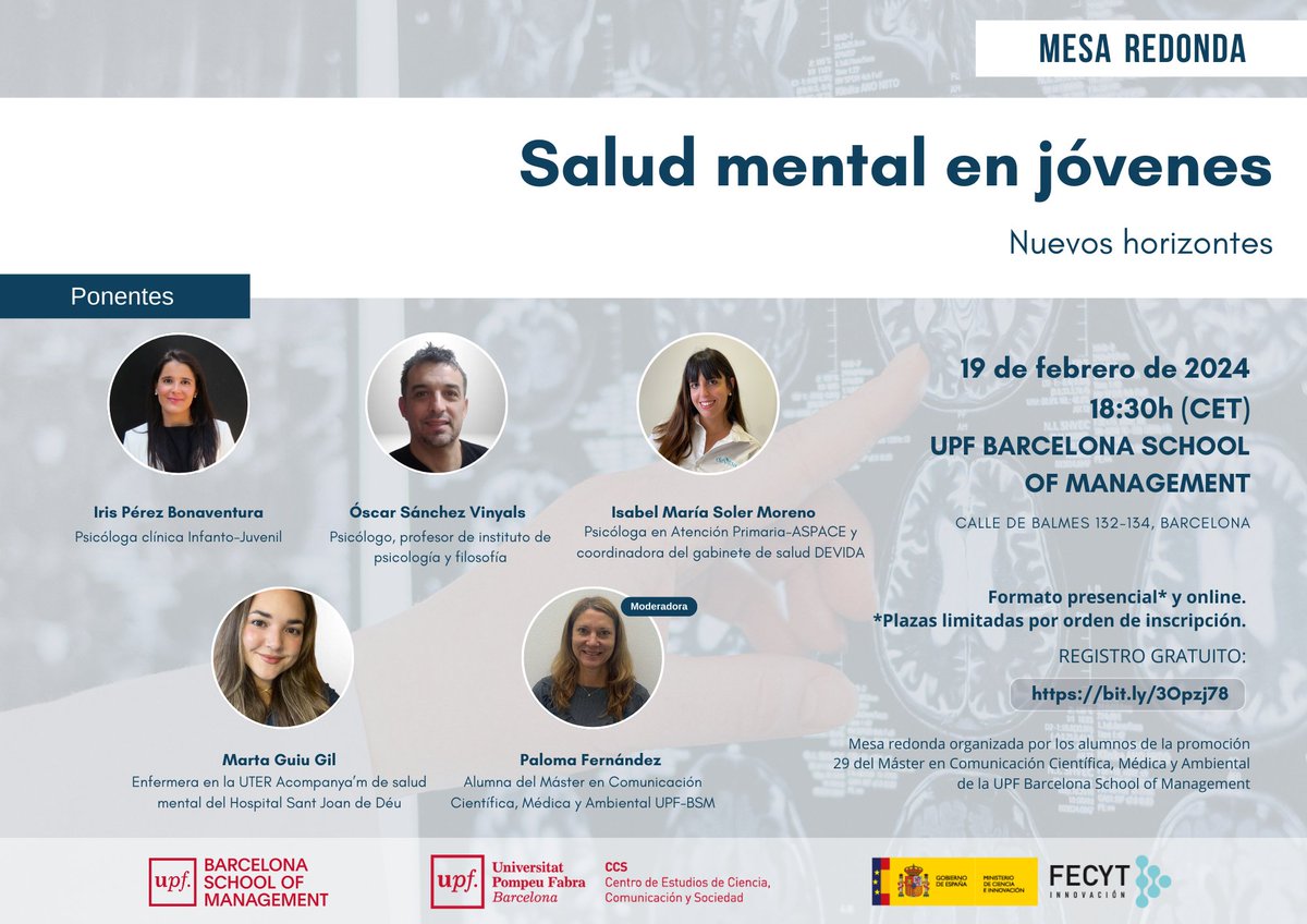 🗣️Salud mental en los jóvenes, mesa redonda organizada por los estudiantes del #mcc29 de la <a href="/bsm_upf/">UPF-BSM</a> y el <a href="/ccupf/">CCS-UPF</a>.

Ponentes:
👩‍⚕️Iris Pérez Bonaventura
👩‍⚕️Marta Guiu Gil
👨‍🏫Óscar Sánchez Vynials
👩‍💼Isabel María Soler Moreno

📅19/02/ 2024
⏱️18:30
📌UPF-BSM 
¡Inscripción gratuita! 👇